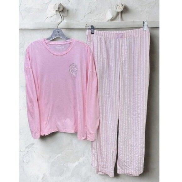 Victoria’s Secret Flannel 2 Piece Pajama Set Womens L Iconic Pink Stripe NWOT - Picture 1 of 16